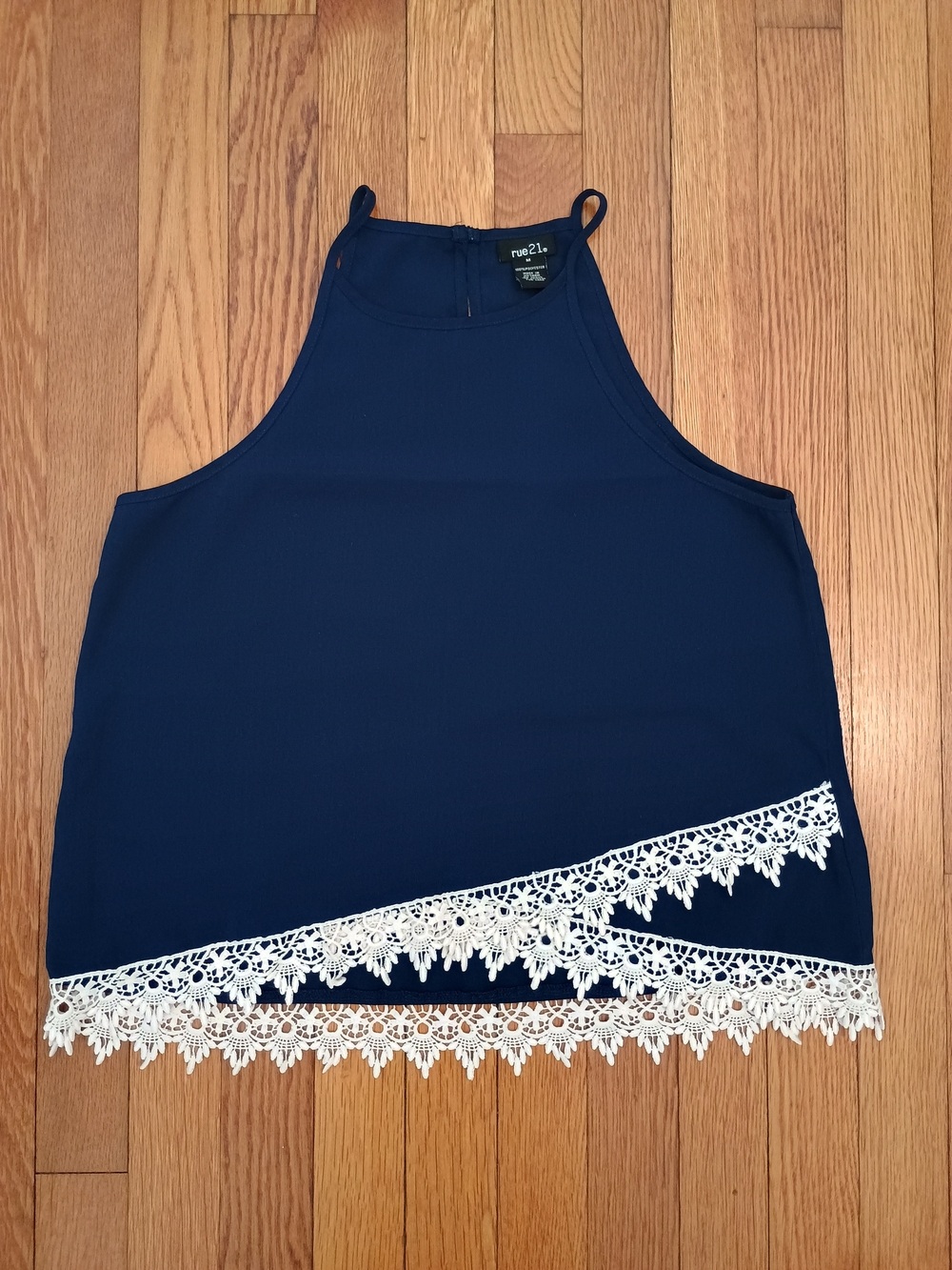 Rue21 Navy Cropped Halter Tank with White Lace Trim